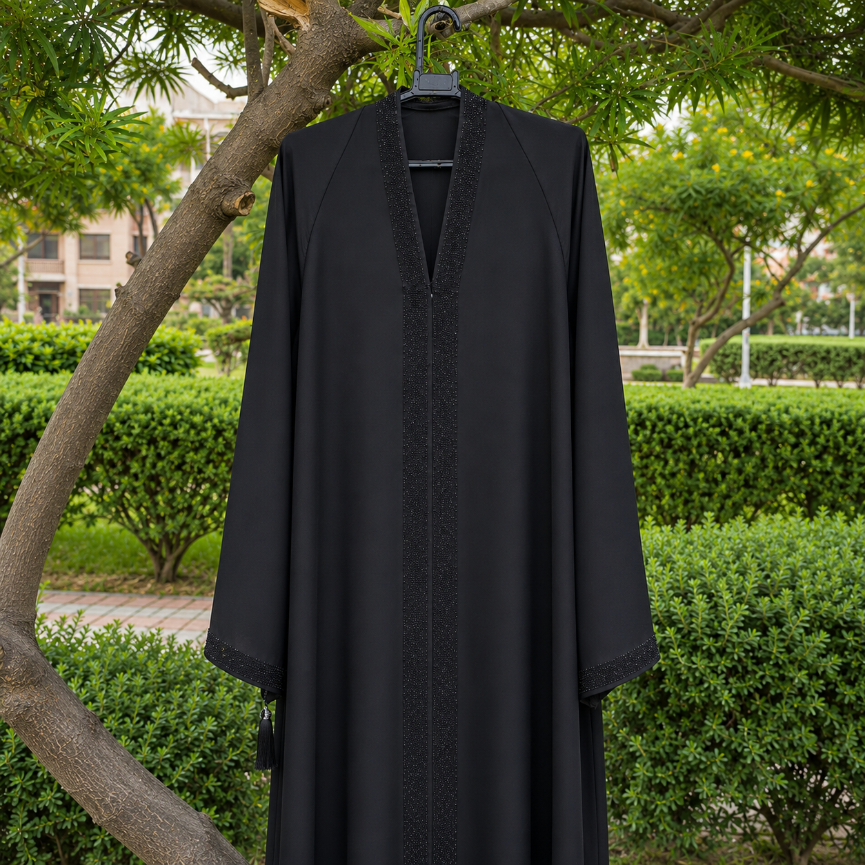A black long flowing robe or abaya hanging on a hanger from a tree branch outdoors, with green hedges and trees in the background.